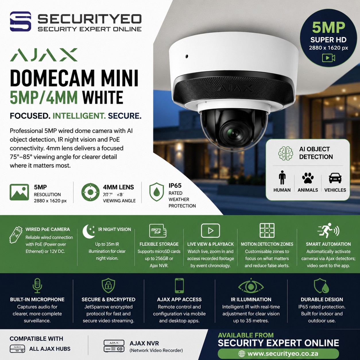 AJAX Dome Cam Mini 5mp 4mm sold on Security Online