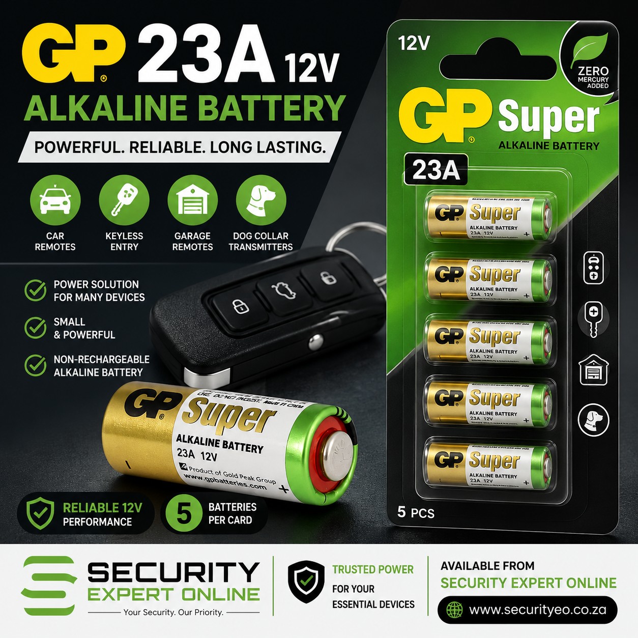 GP 23A-C5 12v Car remote battery sold on Security Online