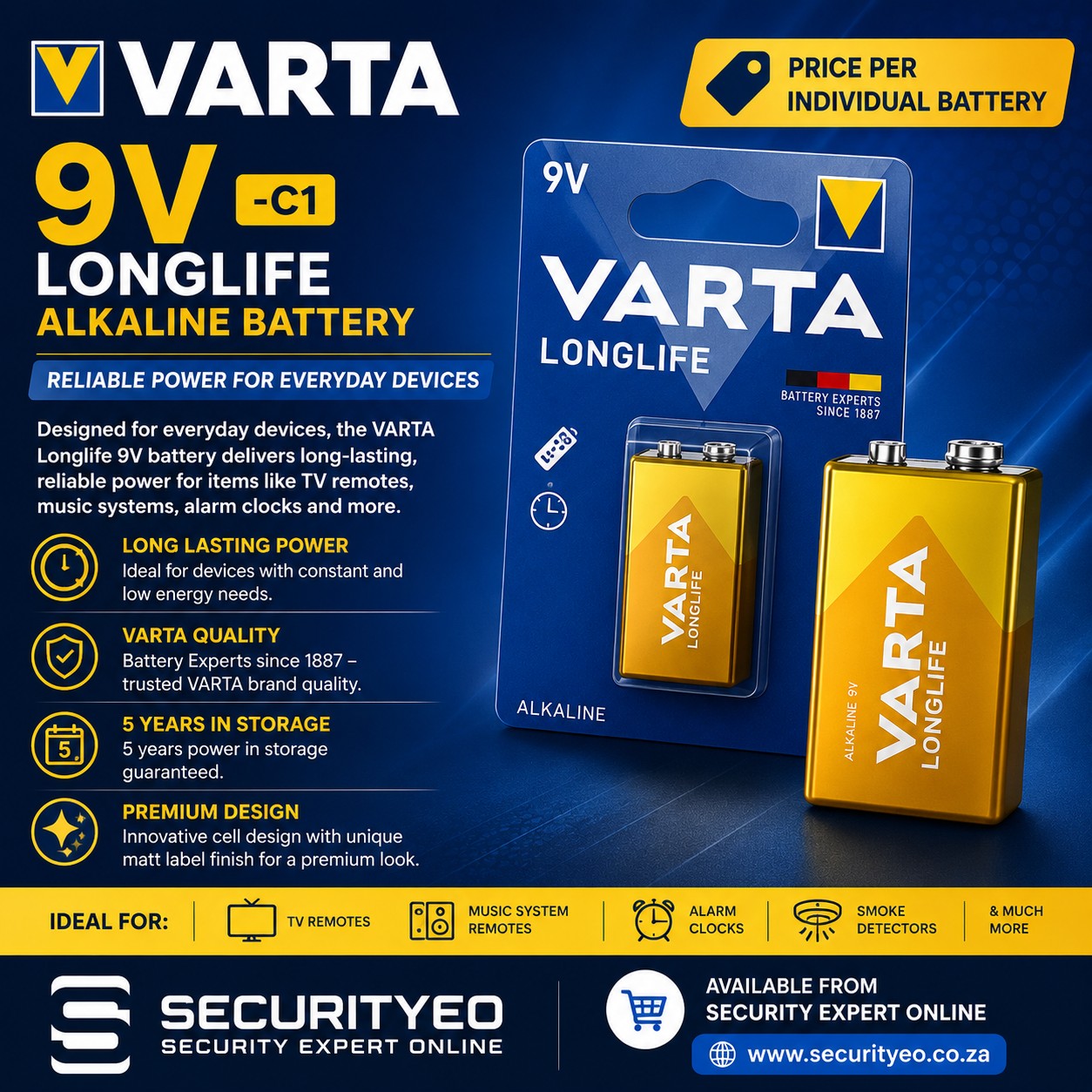 VARTA 9V C1 Long life alkaline battery sold on Security Online