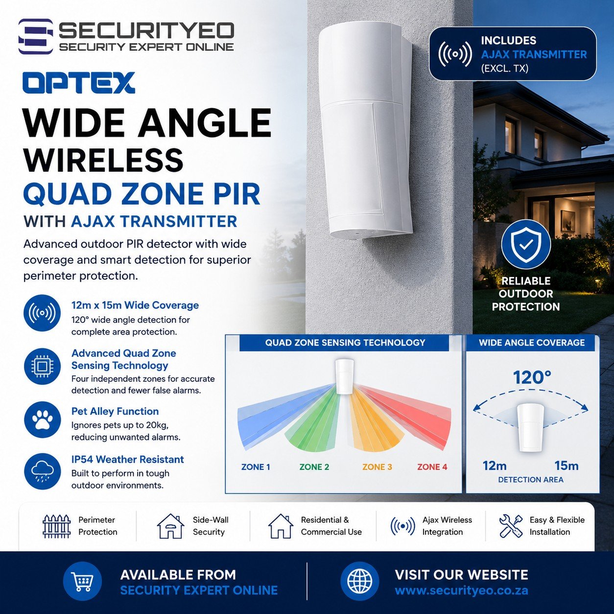 OPTEX Wide Angle Wireless Quad Zone PIR with Ajax Transmitter - Image 2