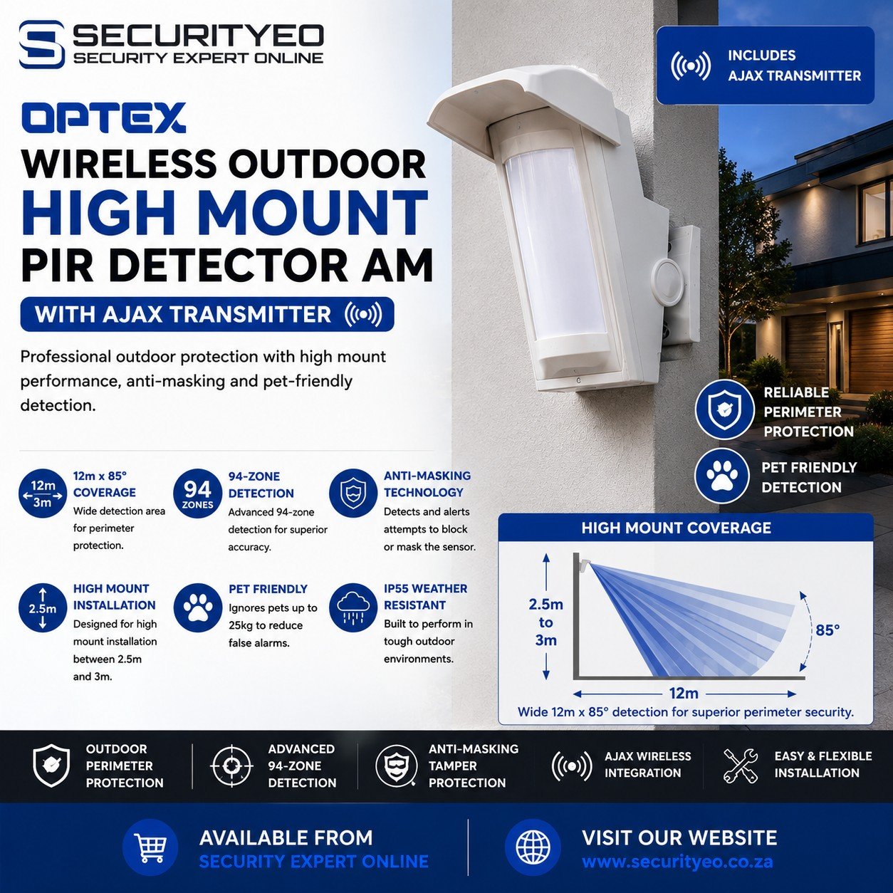 OPTEX Wireless Outdoor High Mount PIR Detector AM with Ajax Transmitter - Image 2