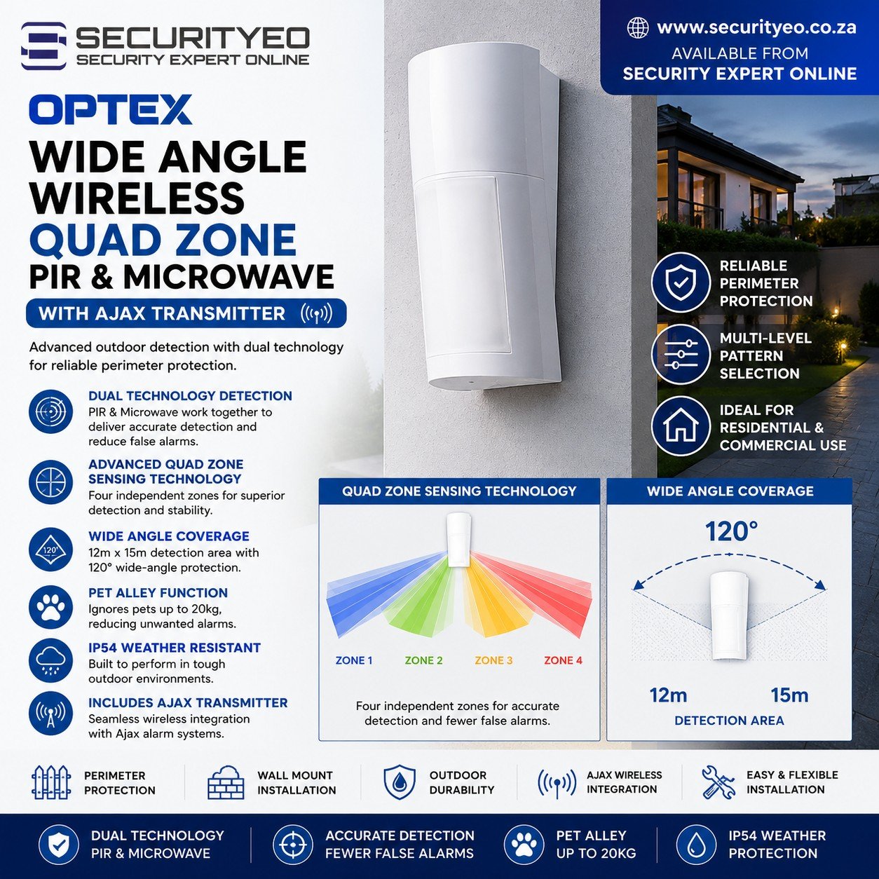 OPTEX Wide Angle Wireless Quad Zone PIR & Microwave with Ajax Transmitter - Image 2