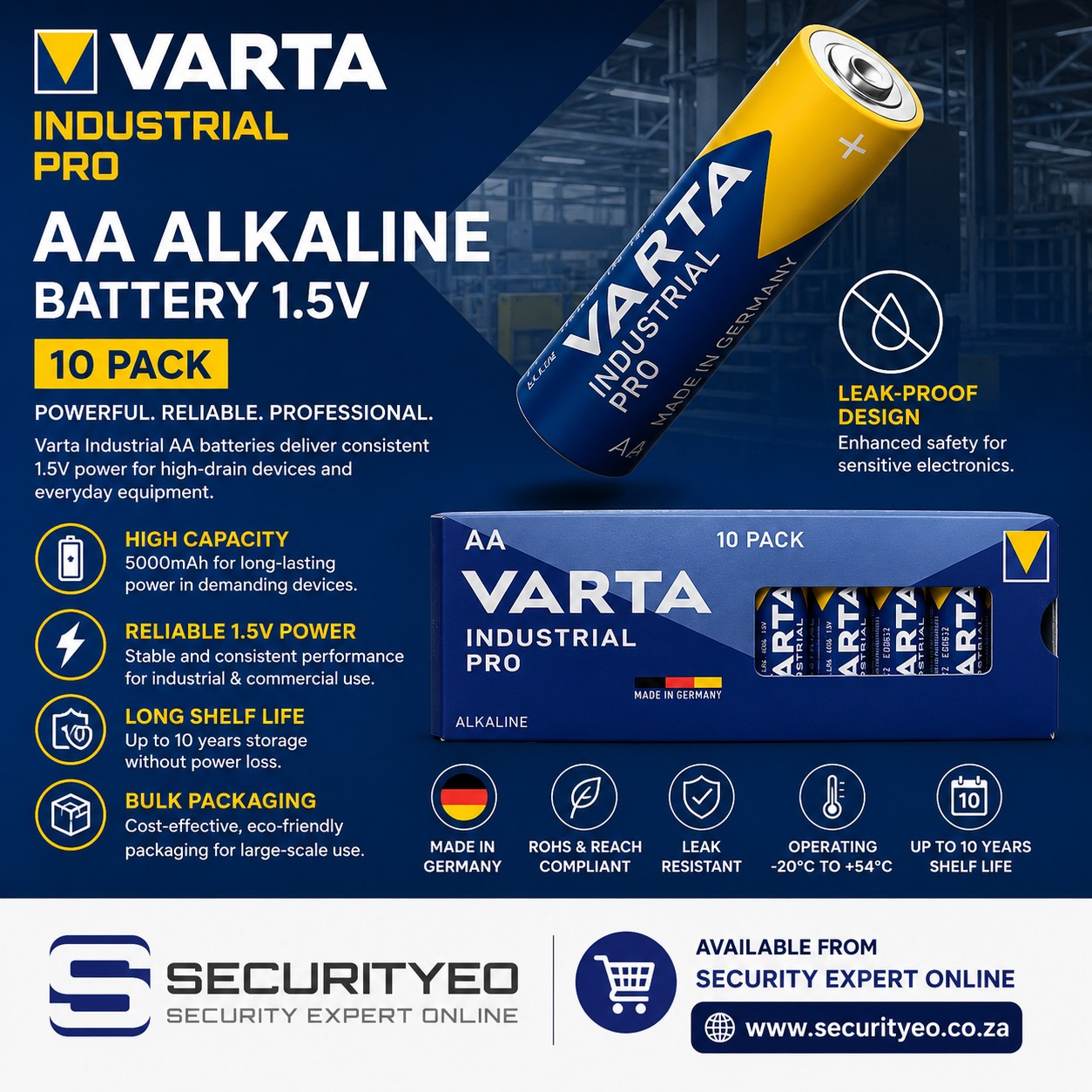 VARTA Industrial AA Alkaline Battery 1.5v 10 pack sold on Security Online